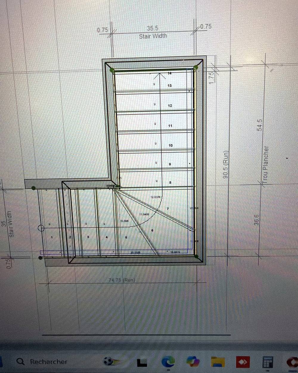 Plan coté d'une cage d'escalier affiché dans le logiciel de dessin